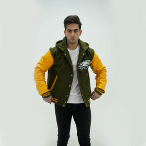 Side profile of Philadelphia Eagles varsity hoodie showcasing genuine leather sleeves and midnight green wool body with attached hood
