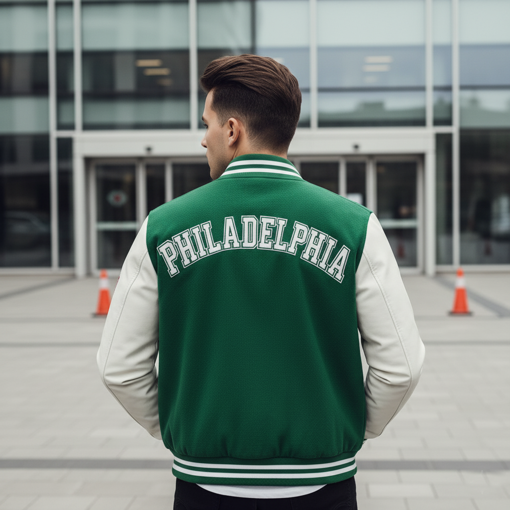 Person wearing a green and white 'Philadelphia' letterman jacket standing in front of a building.