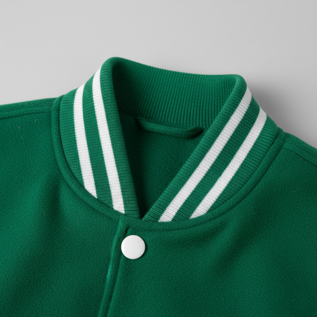 Green jacket with white striped collar on a gray background
