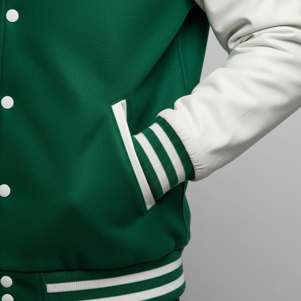 Green varsity jacket with white accents on a gray background