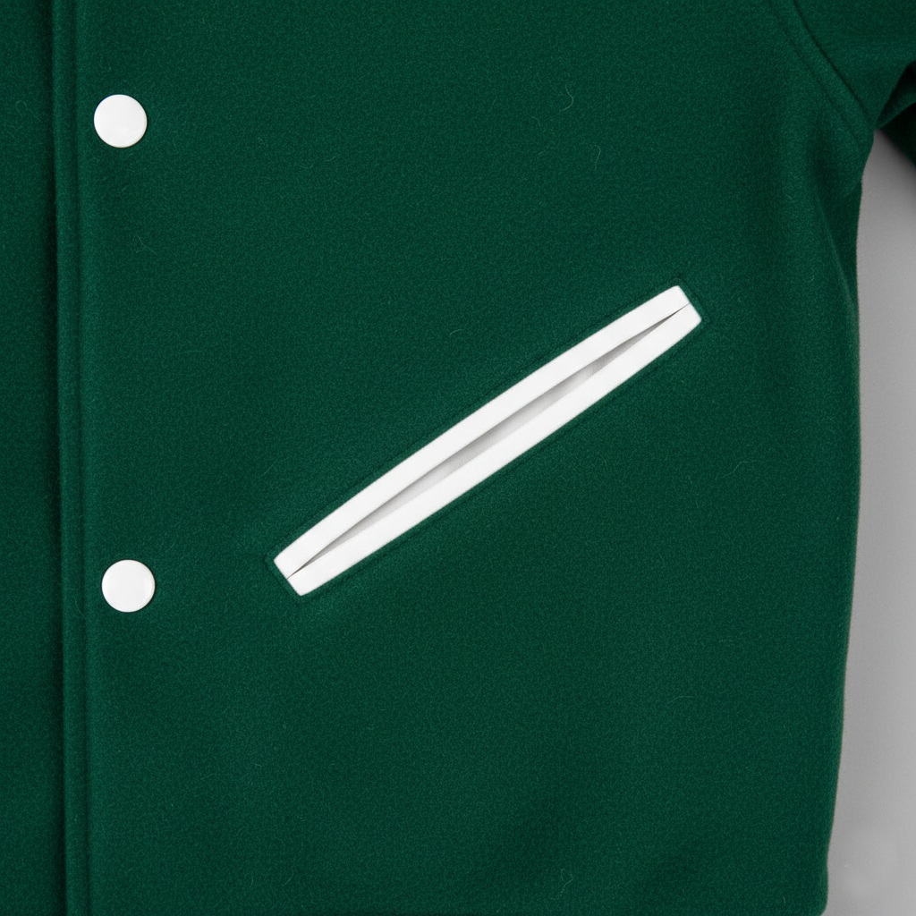 Green jacket with a white pocket and buttons on a gray background