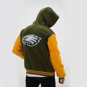 Back view of Philly Eagles hooded varsity jacket displaying hood styling and premium wool leather construction in team colors