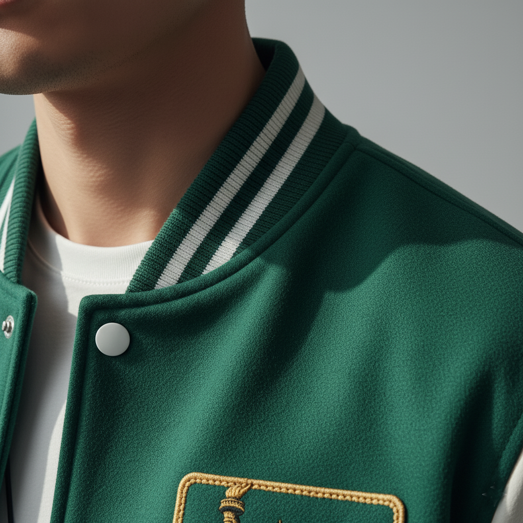 Green varsity jacket with white collar and emblem on a gray background