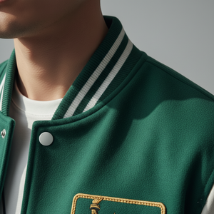 Green varsity jacket with white collar and emblem on a gray background