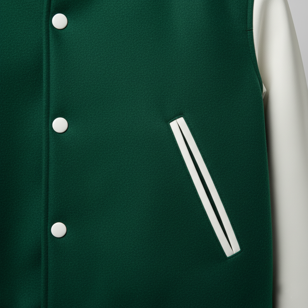 Green varsity jacket with white buttons and a stripe on a light gray background