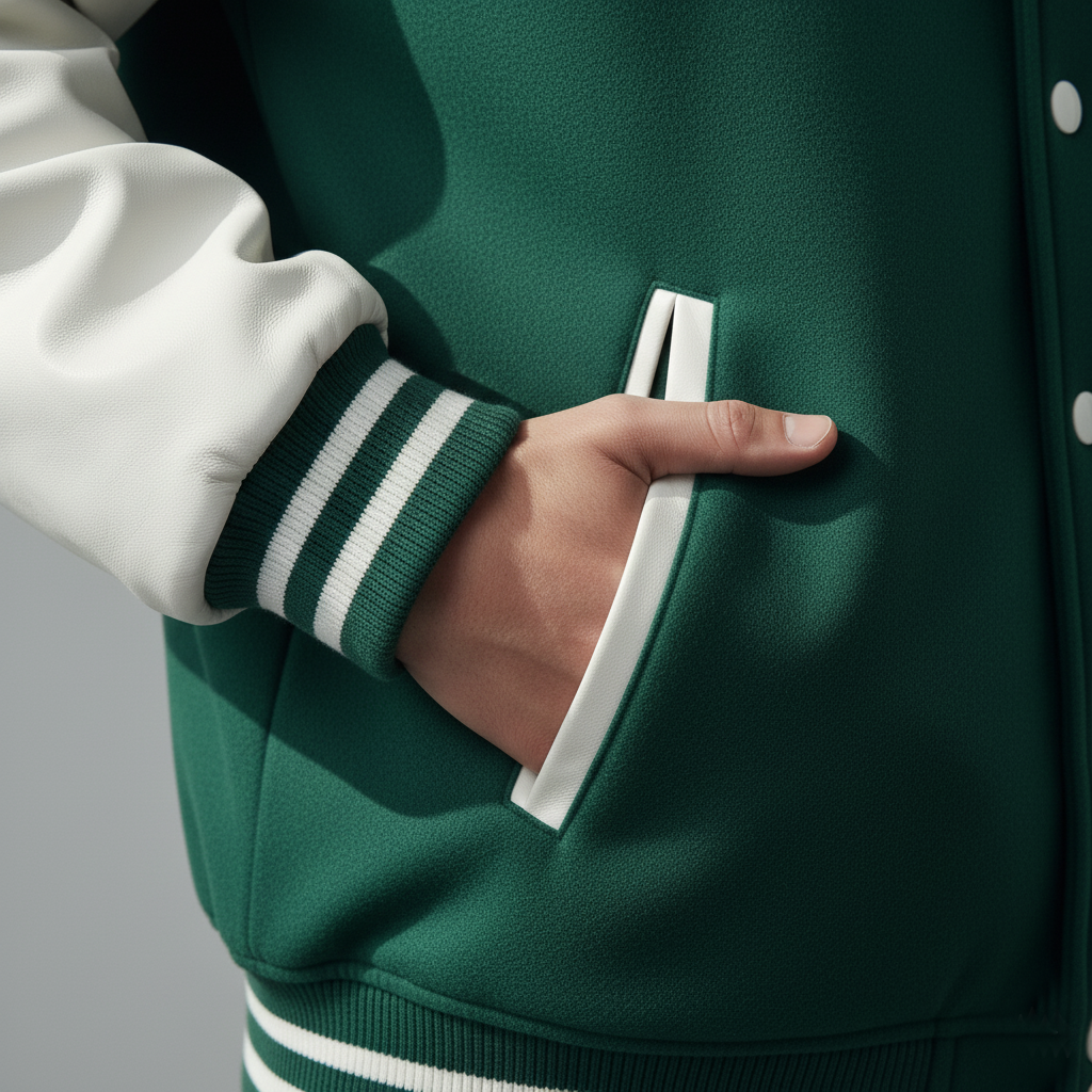 Person wearing a green varsity jacket with white accents, holding a white pocket