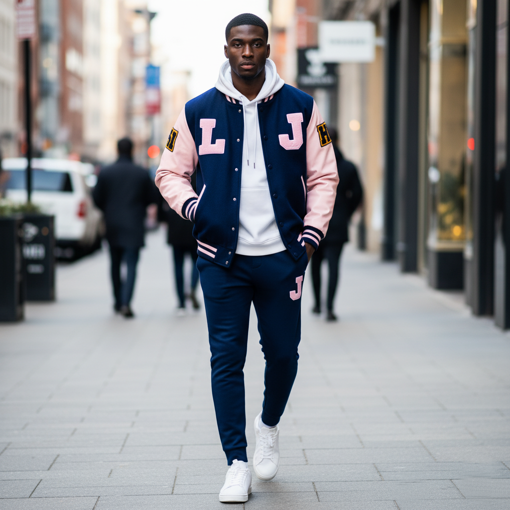 Man wearing a navy and pink varsity jacket on a city street