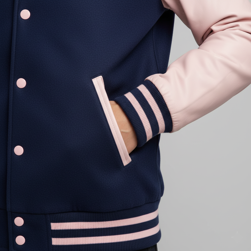 Navy varsity jacket with pink accents on a neutral background