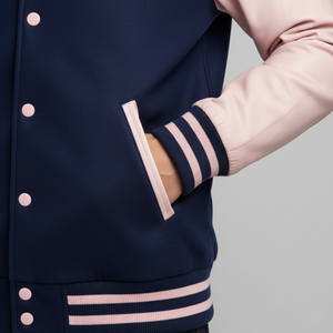 Navy varsity jacket with pink accents on a neutral background