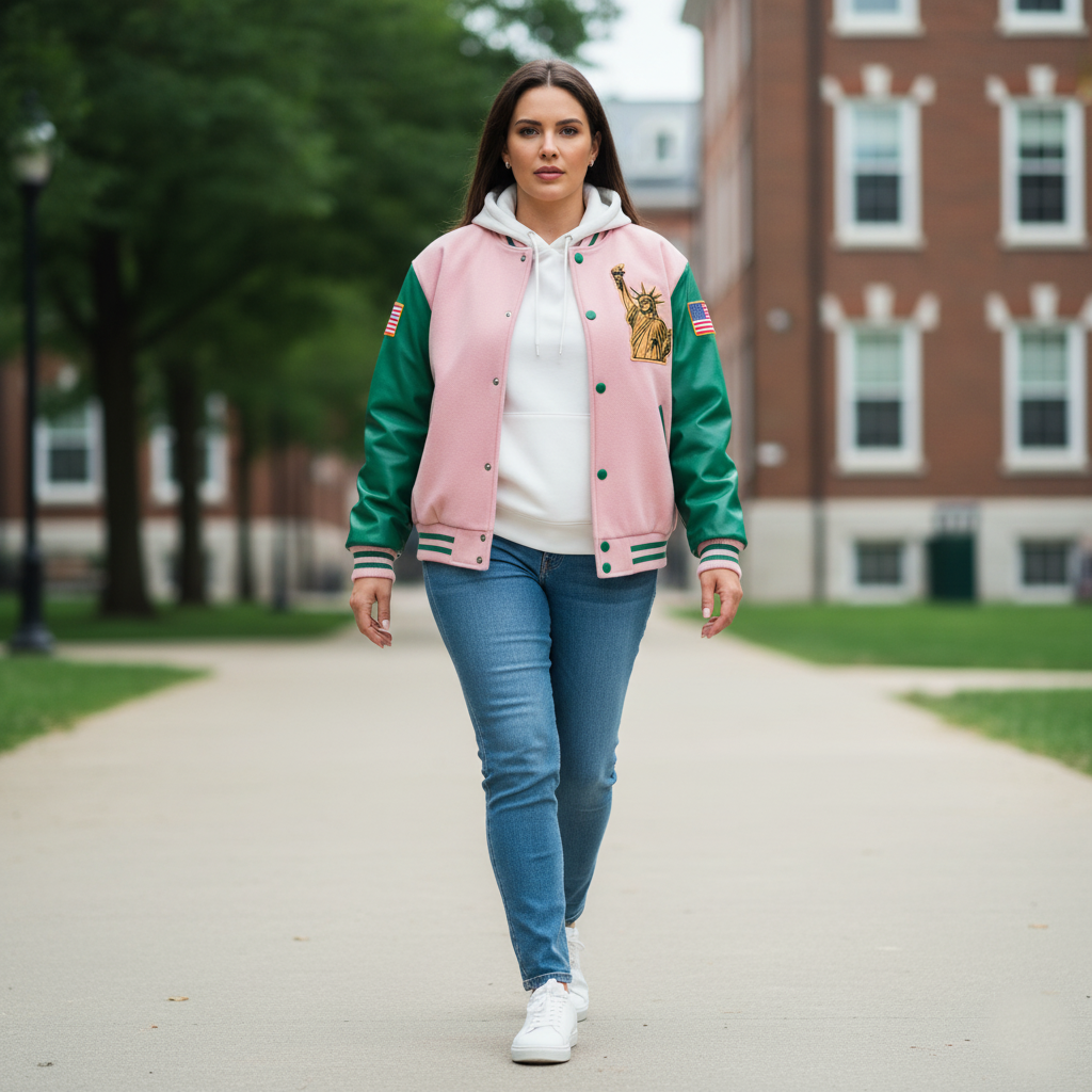 Woman wearing a pink and green varsity jacket walking on a path with a building in the background