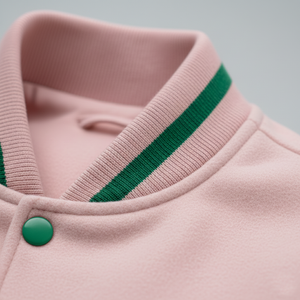 Close-up of a pink jacket with green trim and button on a gray background