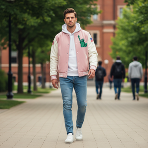 Man wearing a pink varsity jacket with a design on a college campus