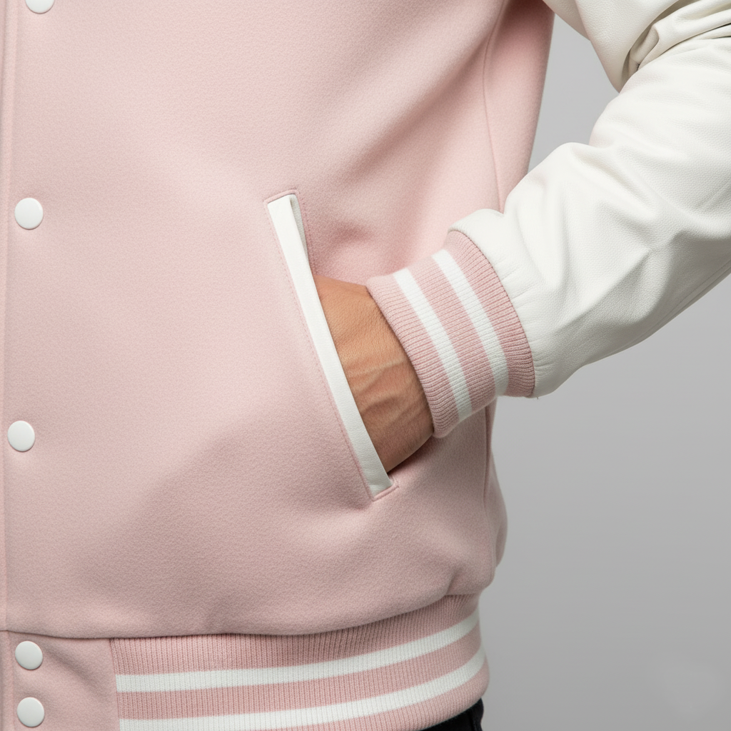 Pink varsity jacket with white accents on a neutral background