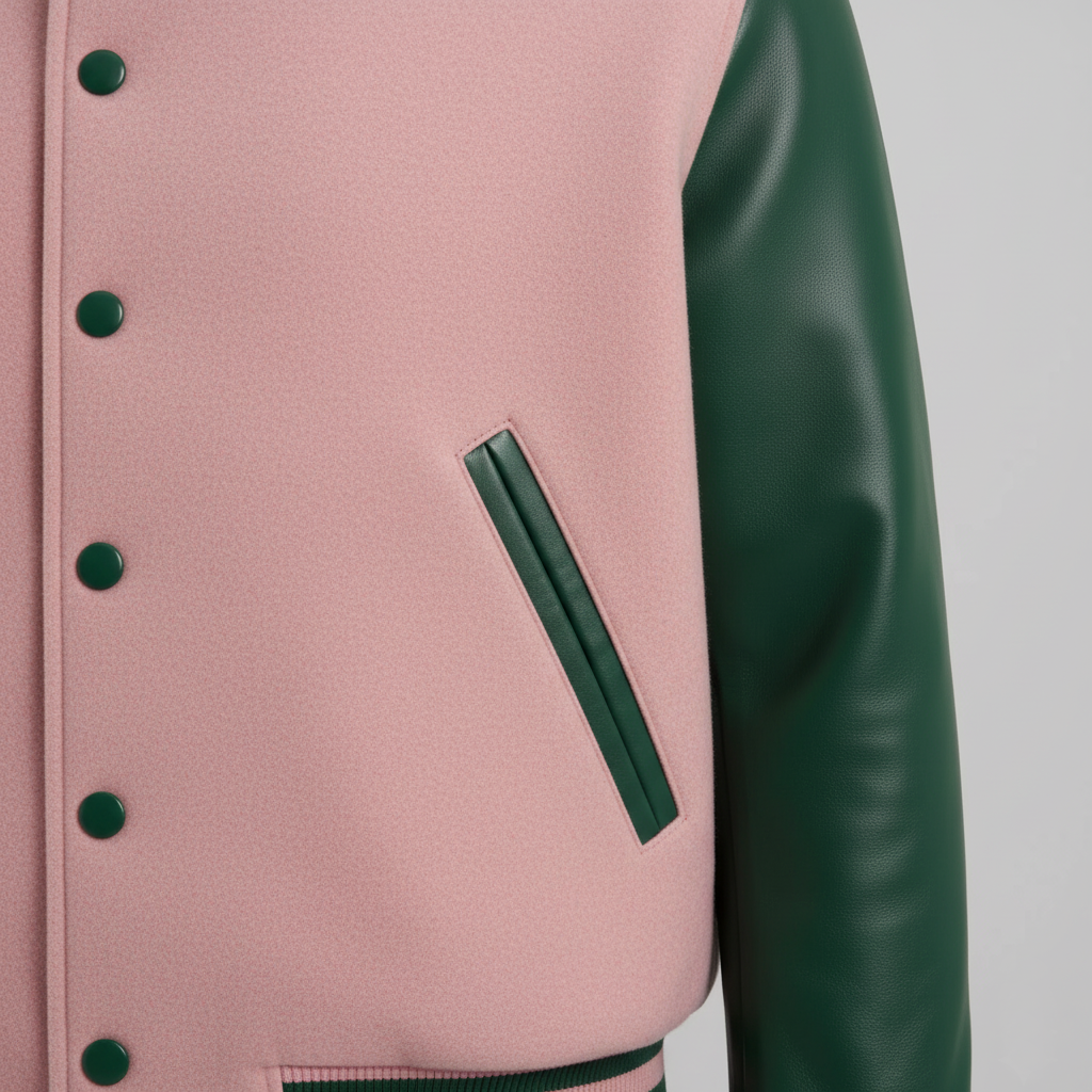 Pink varsity jacket with green accents on a gray background