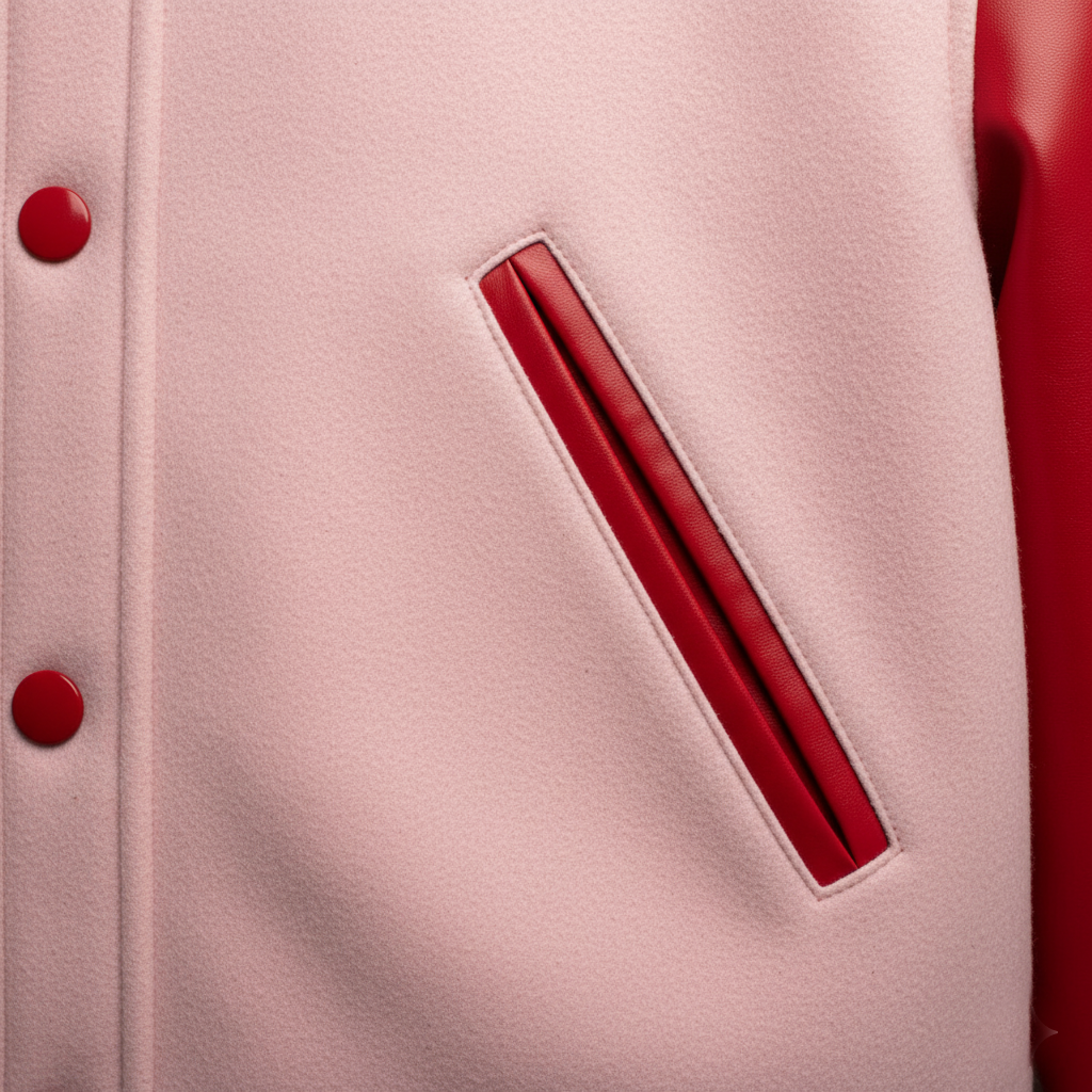 Close-up of a pink varsity jacket with red buttons and pocket.