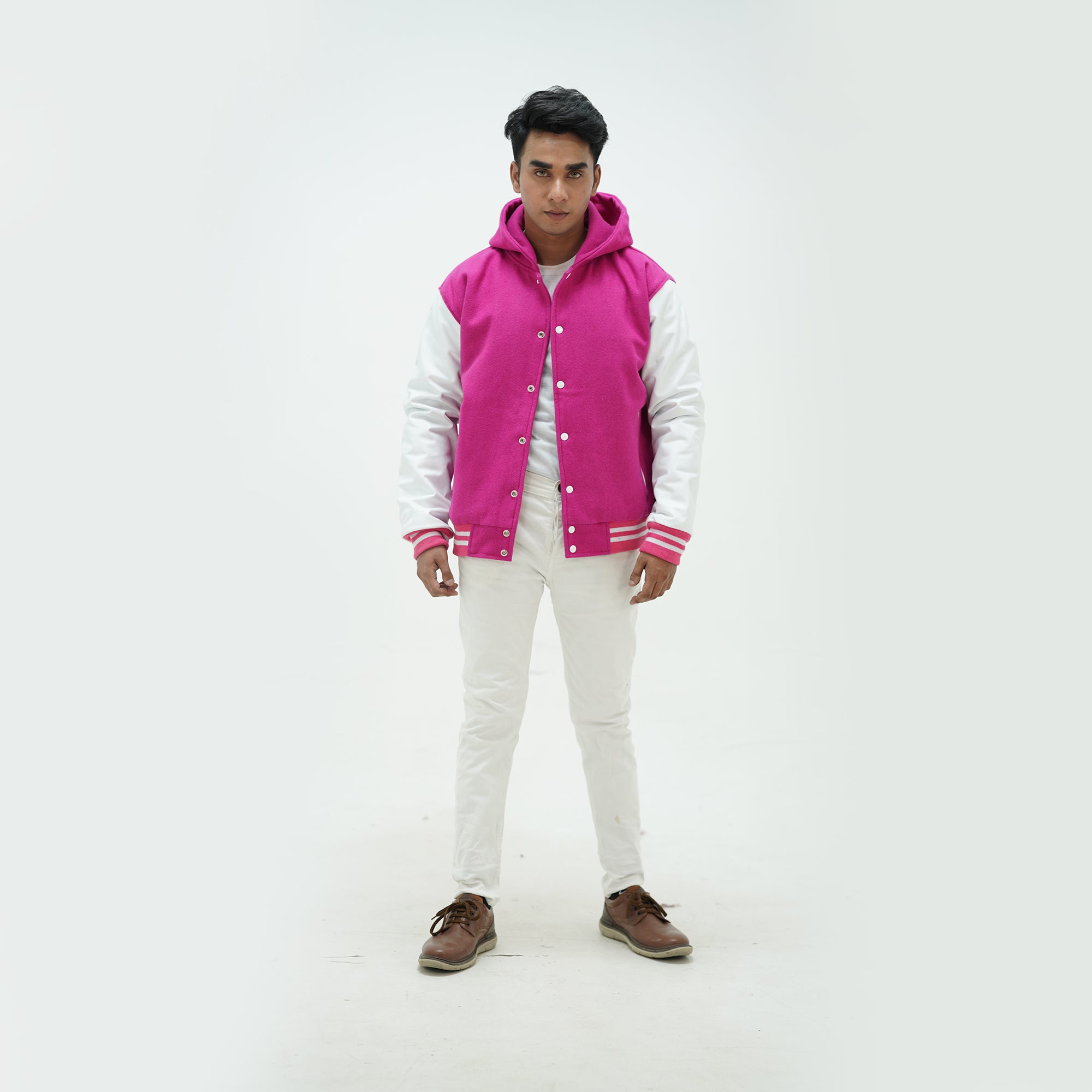 Front view of men's pink and white hooded varsity jacket with wool body and leather sleeves