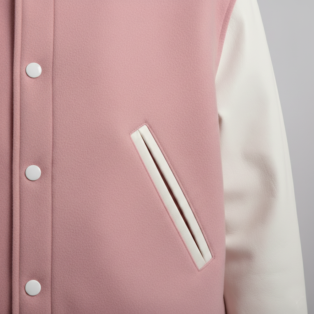 Close-up of a pink varsity jacket with white sleeves and buttons.