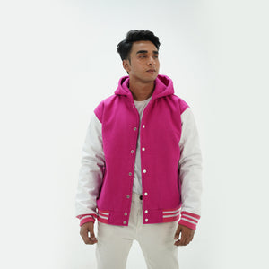Detailed view of men's pink and white varsity jacket hood and ribbed trim with wool leather construction