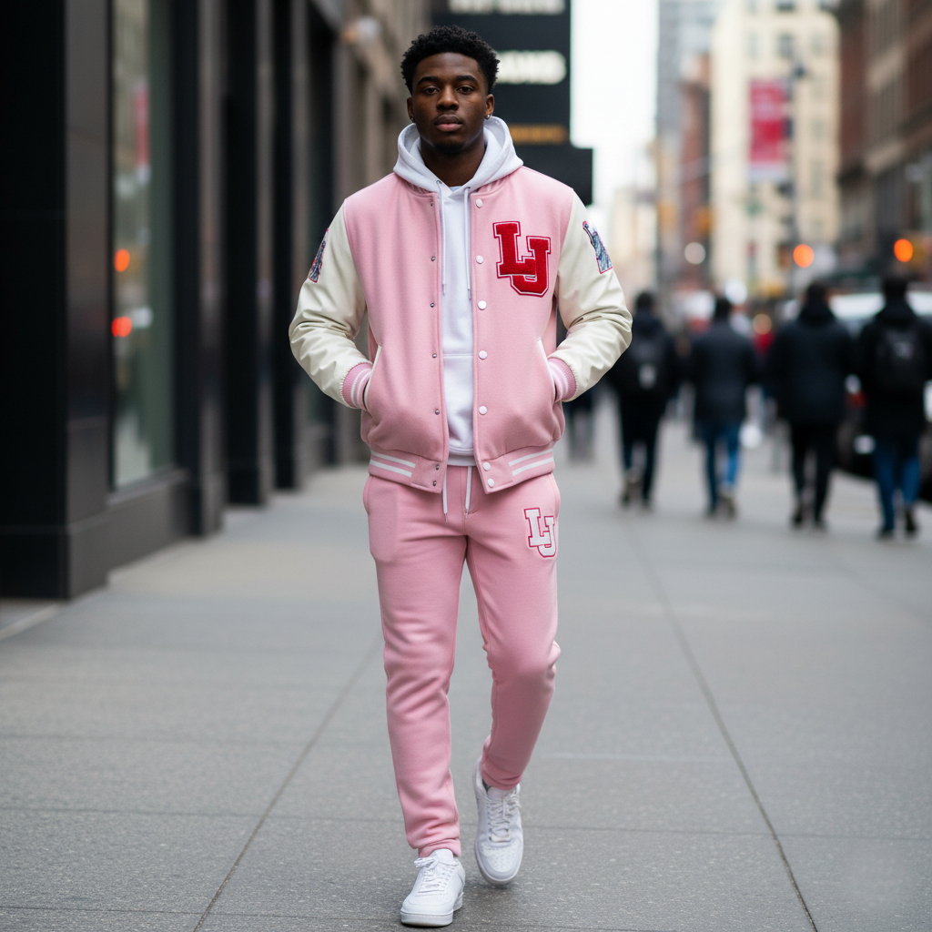Person wearing a pink and beige varsity jacket with 'LJ' logo on a city street.