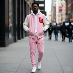 Person wearing a pink and beige varsity jacket with 'LJ' logo on a city street.