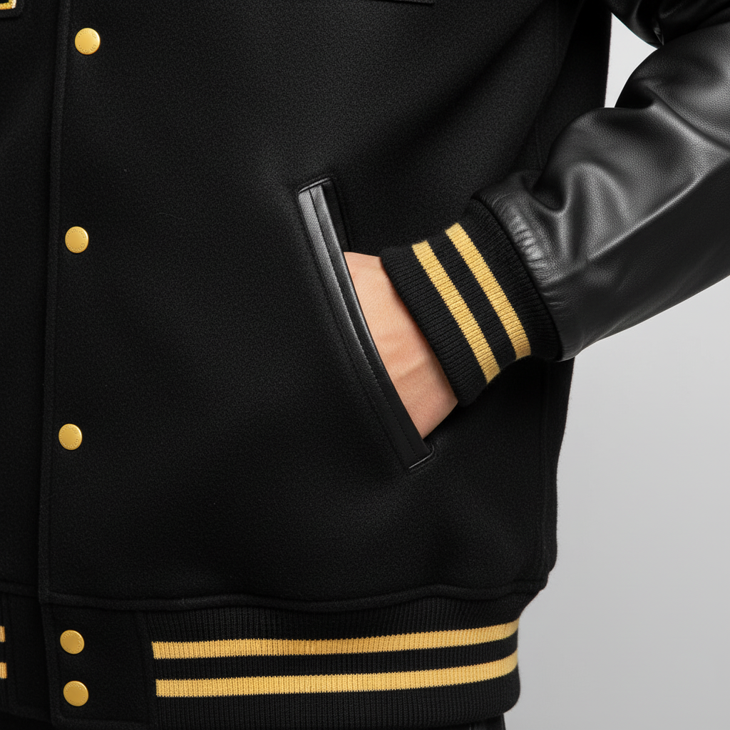 Black varsity jacket with gold buttons and trim on a gray background
