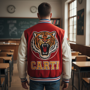 Person wearing a red letterman jacket with a tiger emblem and 'CARTI' text in a classroom setting.