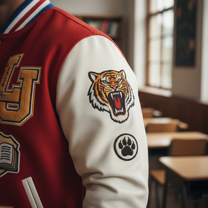 Detailed view of Playboi Carti letterman jacket leather sleeves - personalized gift for him or her with custom embroidery