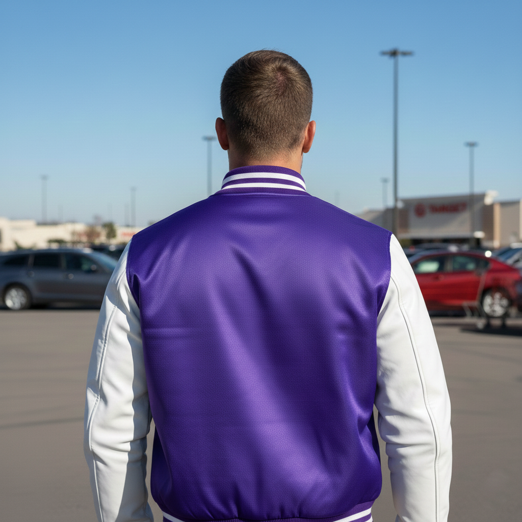 Person wearing a purple and white letterman jacket in a parking lot.