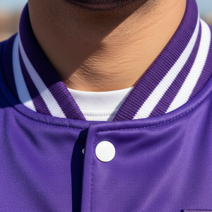 Close-up of a person wearing a purple varsity jacket with white trim.