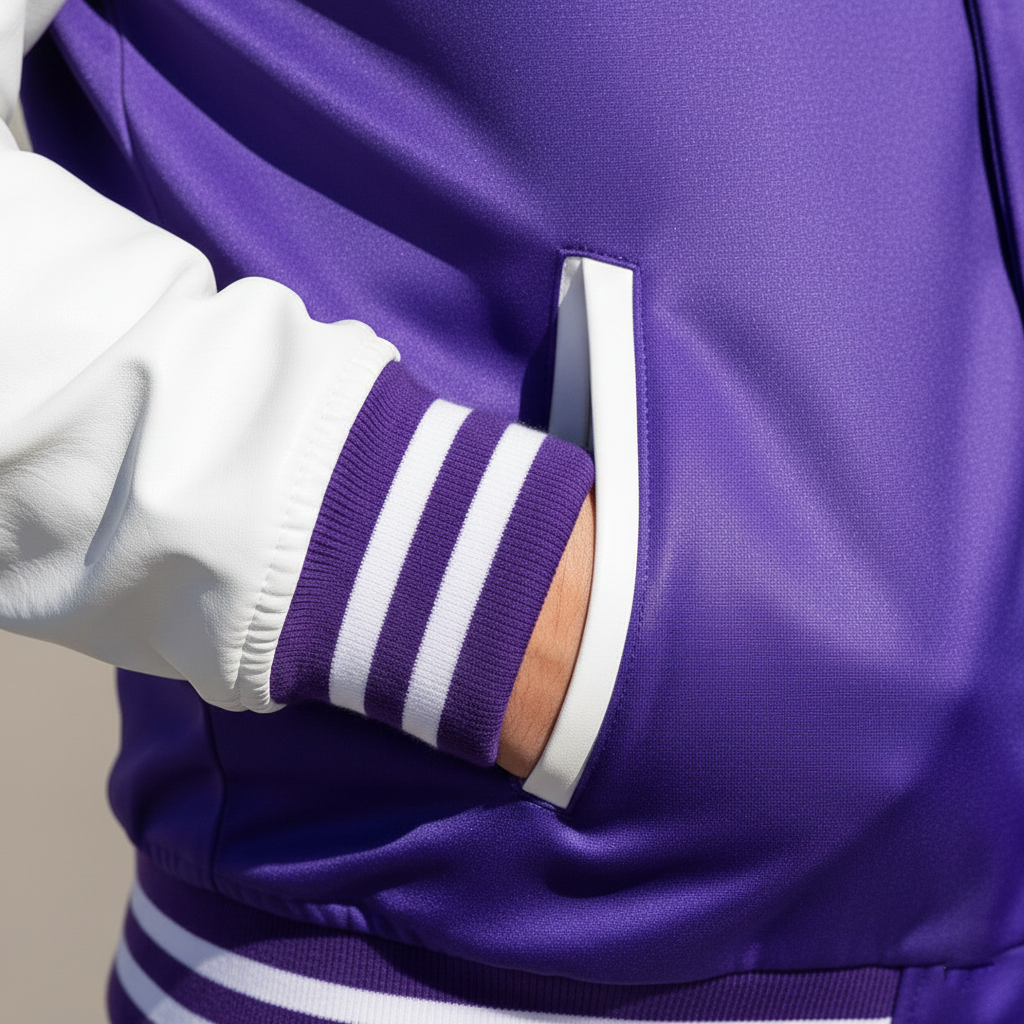 Close-up of a purple jacket with white stripes on a neutral background