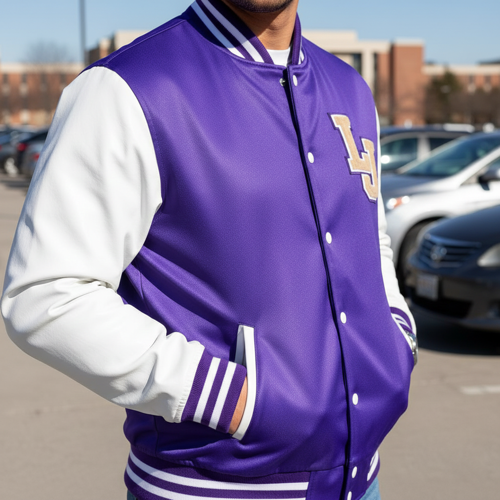 Person wearing a purple and white letterman jacket with a logo in an outdoor setting.