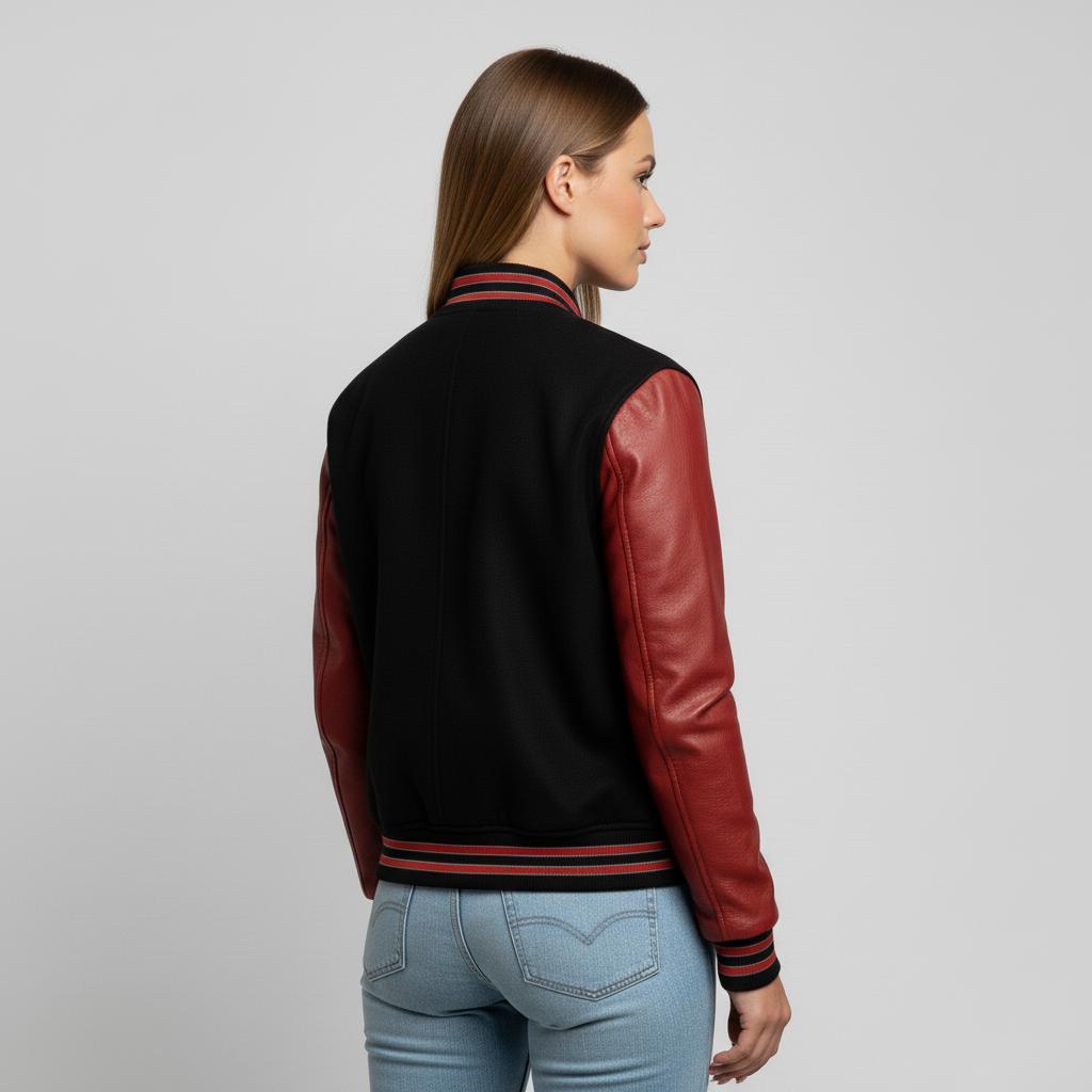 Woman wearing a black and red varsity jacket on a gray background