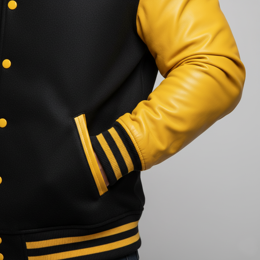 Black and yellow varsity jacket with a gray background