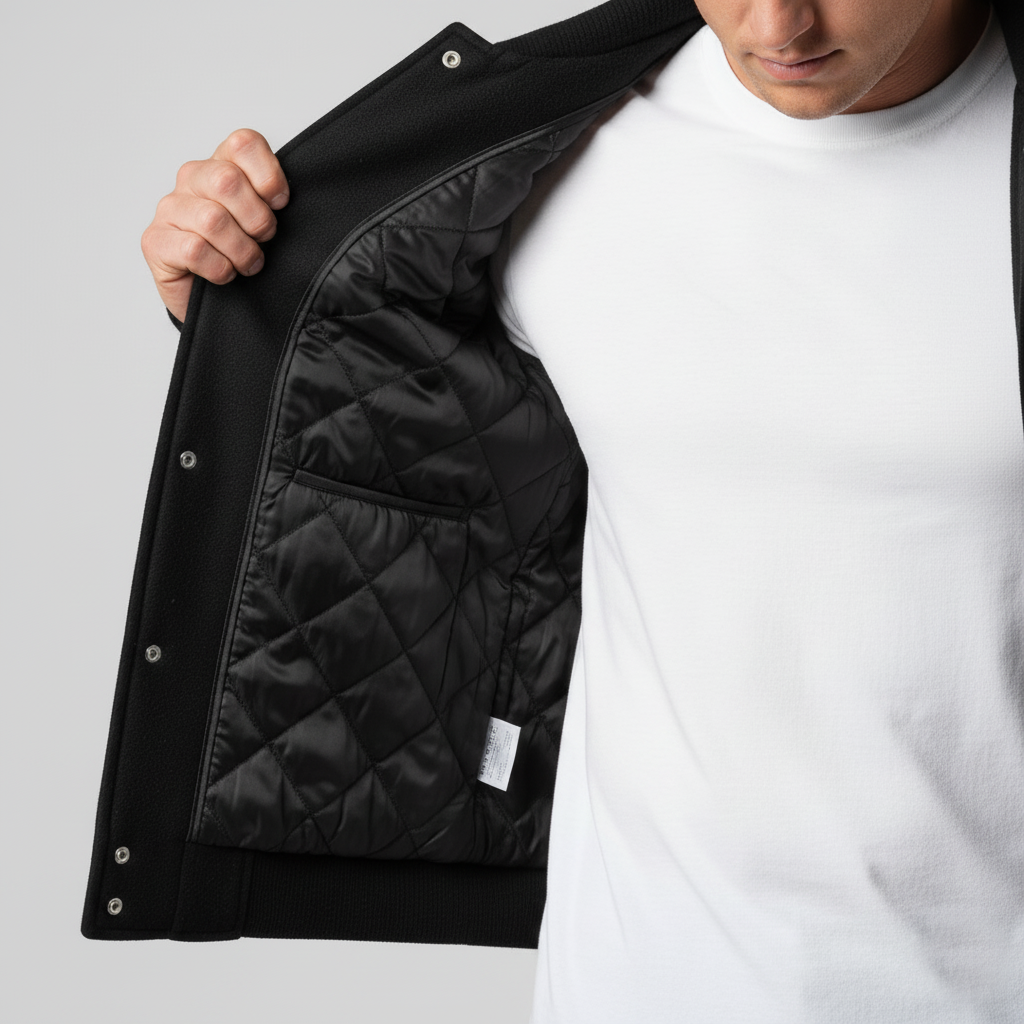 Person wearing a black quilted jacket with a white shirt underneath on a light gray background