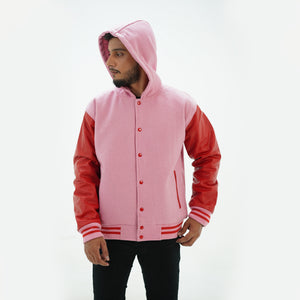 Front view of premium hooded letterman jacket with wool and leather construction - varsity style with hood