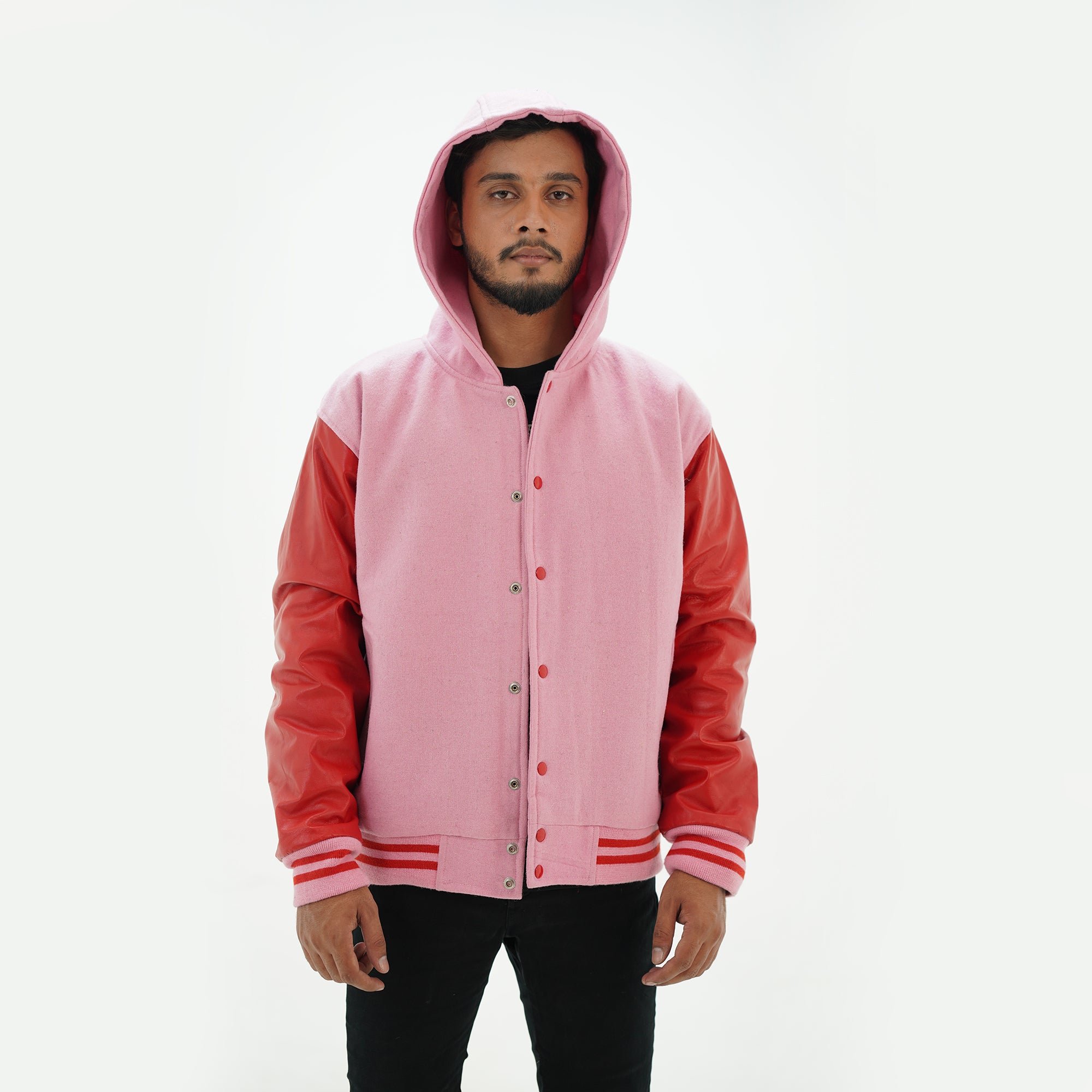 Side profile of premium hooded letterman jacket highlighting wool and leather varsity construction with hood