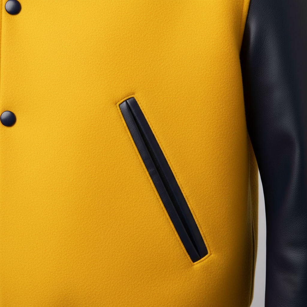 Close-up of a yellow jacket with a black stripe and button pocket