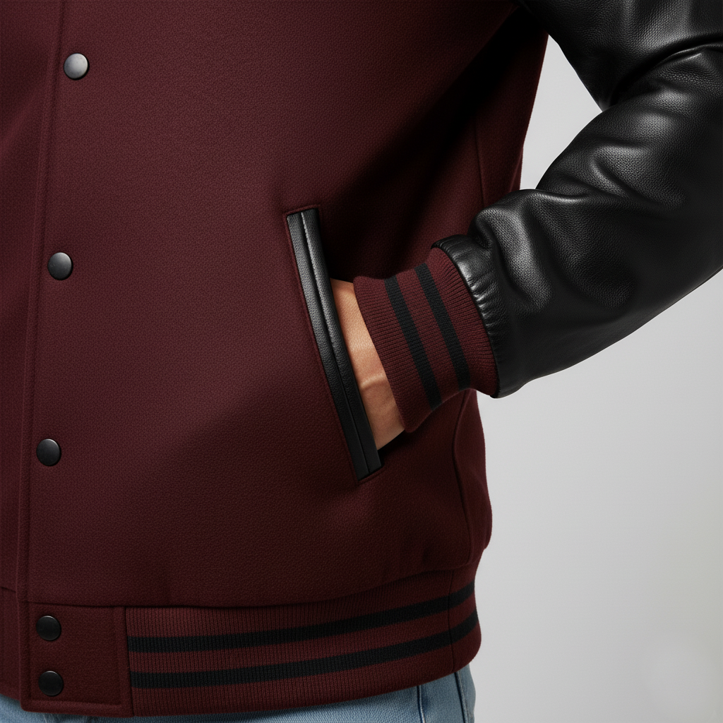 Close-up of a maroon varsity jacket with black accents on a gray  background