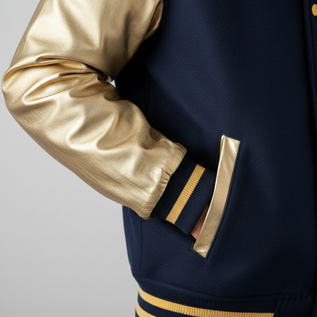 Navy jacket with gold sleeves and accents on a gray background