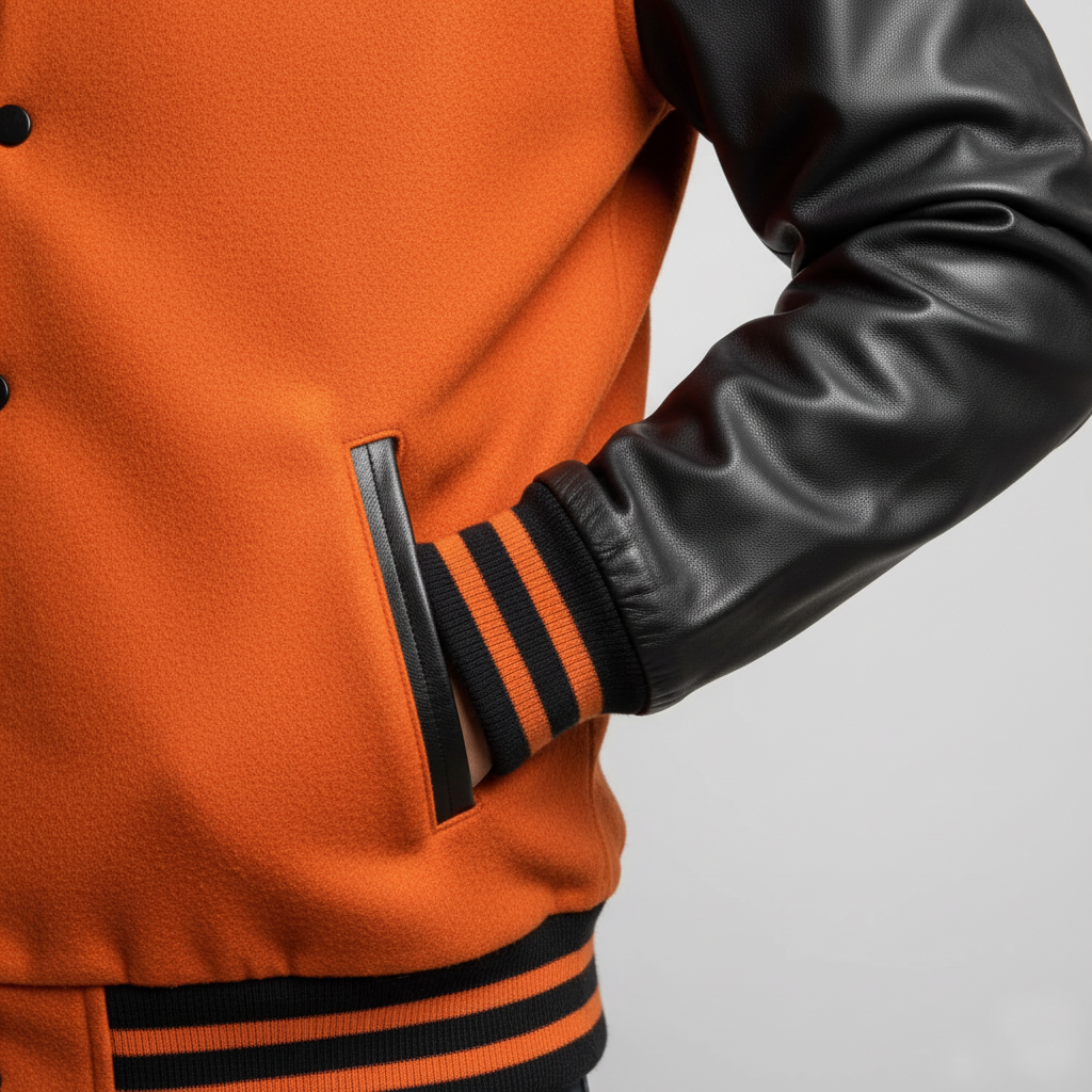 Orange varsity jacket with black leather sleeves on a gray background