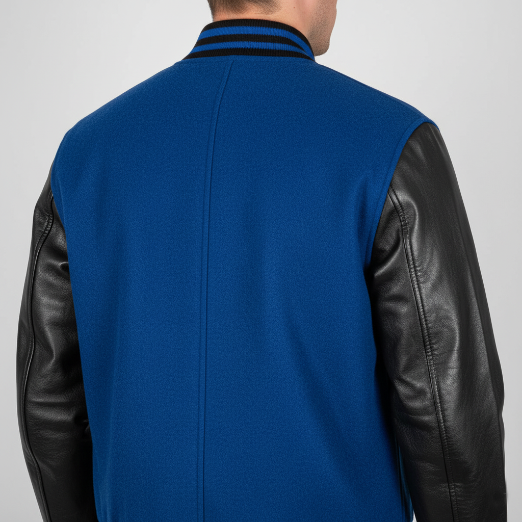 Blue vest with black leather sleeves on a gray background