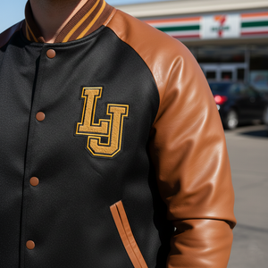 Black and brown varsity jacket with 'LJ' logo in front of a 7-Eleven store.