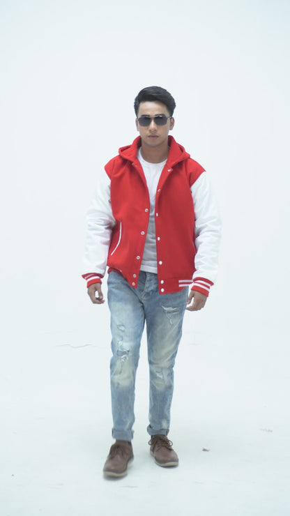 Men's Red And White Varsity Jacket With Hoodie Leather Arms And Wool Body