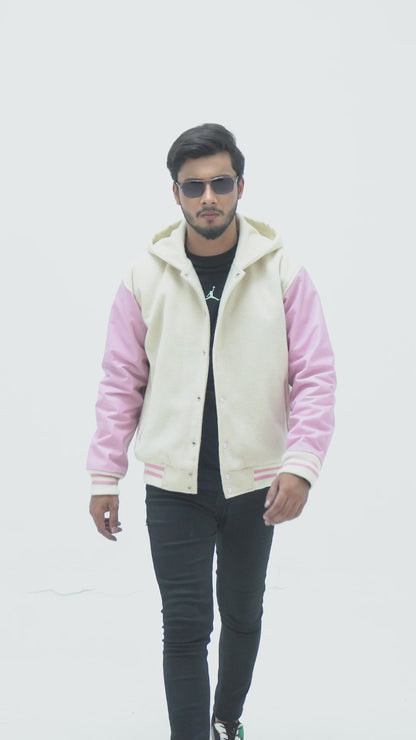 Off White And Pink Varsity Jacket And Hoodie Leather Arms And Wool Body