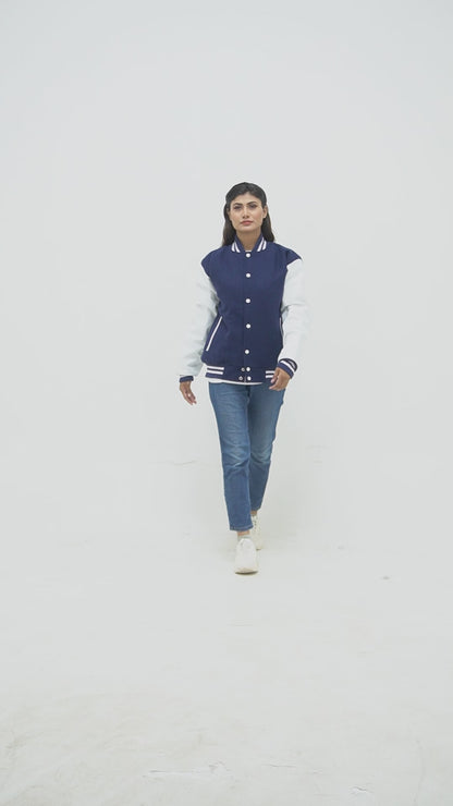 Women's Navy Blue Letterman Jacket Leather Arms And Wool Body Varsity Jacket