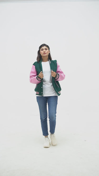 Women's Dark Green Baseball Varsity Letterman Jacket Leather Arms And Wool Body