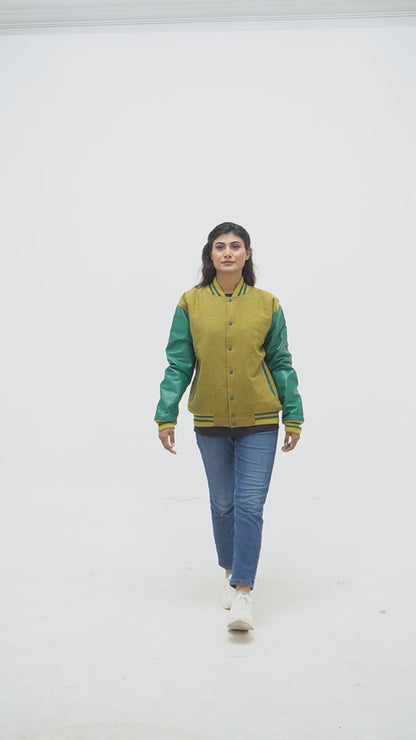 Women's Camel Wool Body And Green Leather Sleeves Varsity Jacket