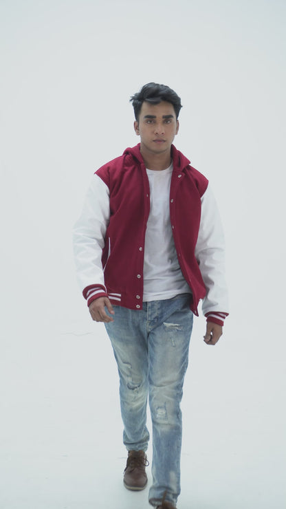 Men's Magenta And White Letterman Hoodie Jacket Wool Body And Leather Arms