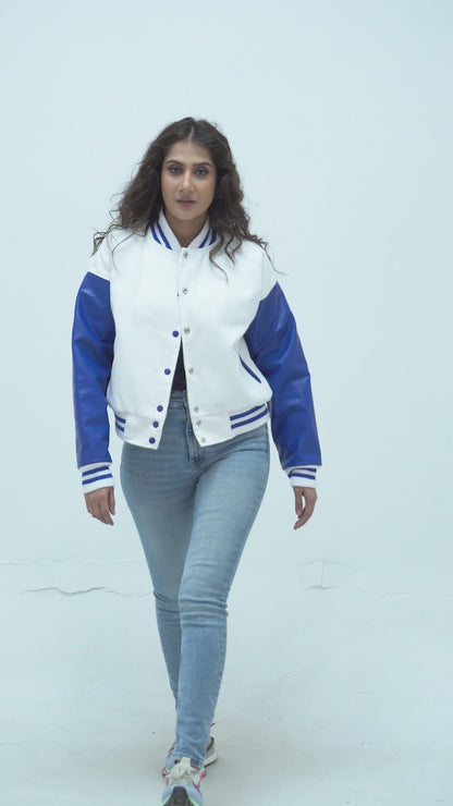 Varsity Jacket Women White And Blue Leather Arms And Wool Body