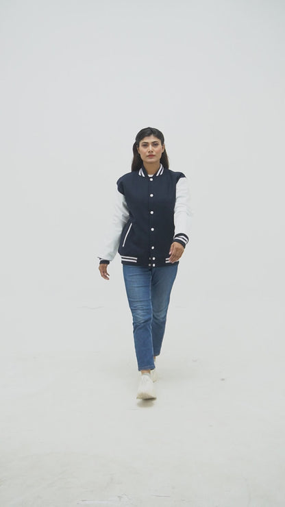 Women's Dark Blue And White Letterman Jacket Wool Body And Leather Sleeves